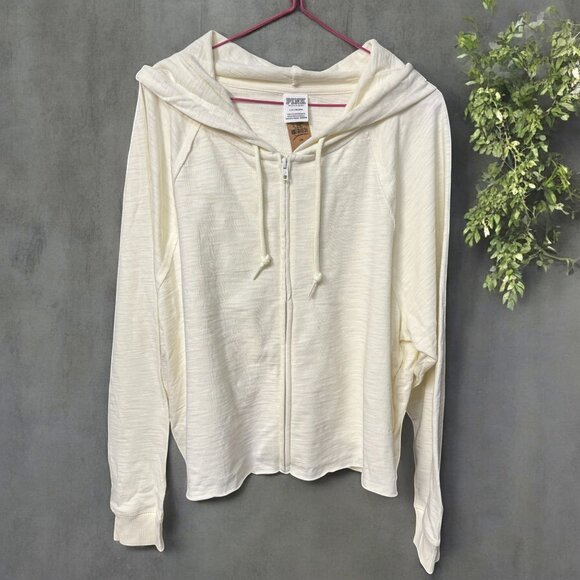 PINK Victoria's Secret Tops - Victoria's Secret PINK Cream Full Zip Hoodie New With Tags Size Large Light
